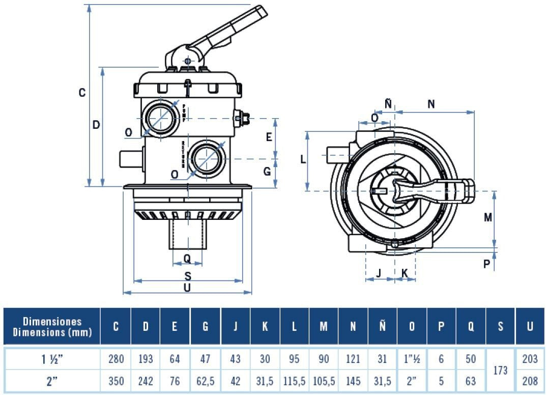 Válvula de 6 vías de 1½” (Conexión superior)